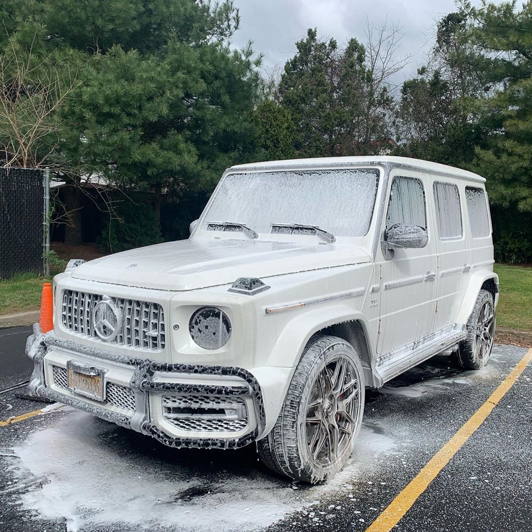 White Mercedes G-Wagon covered in thick layer of frost or ice